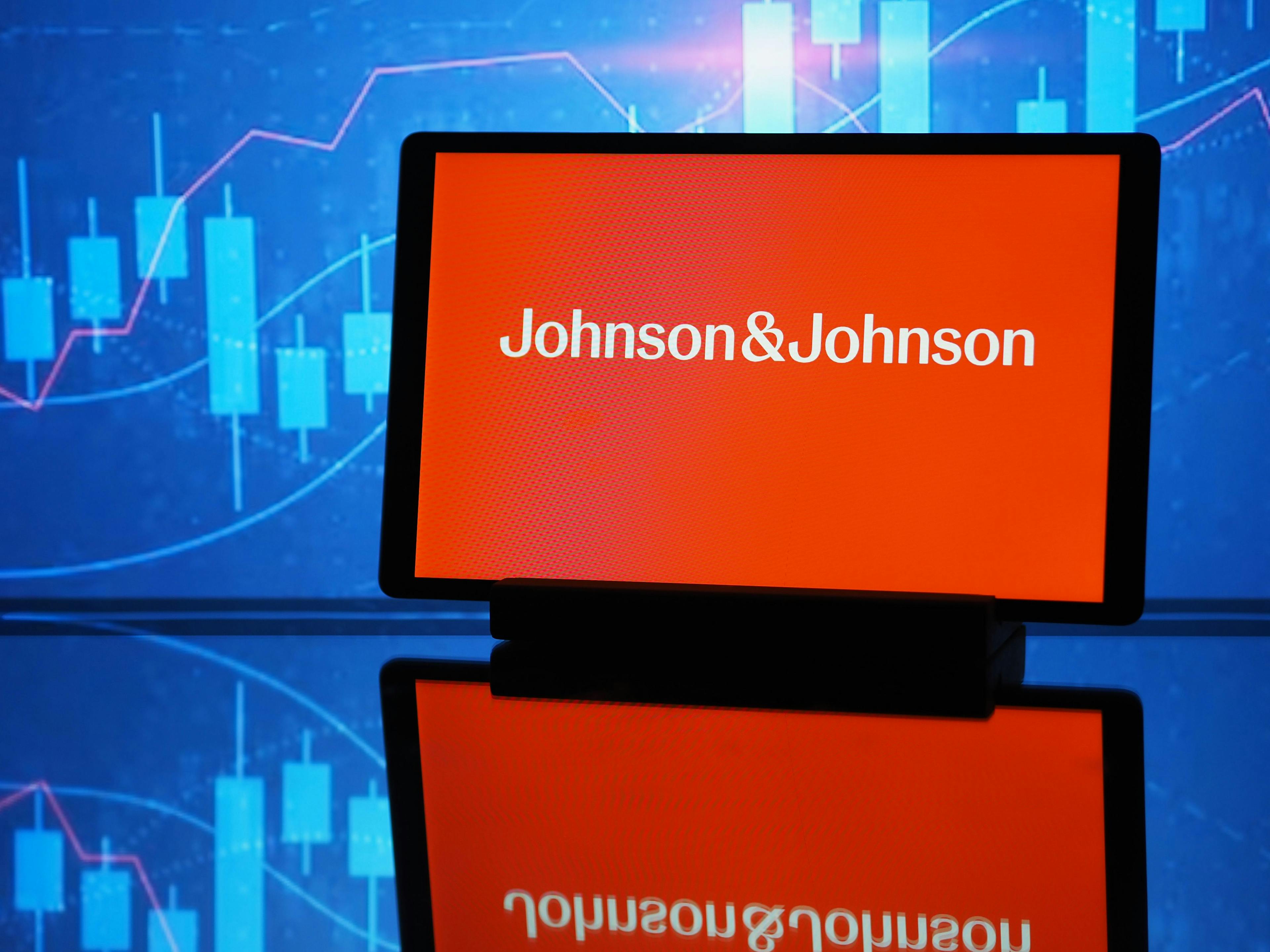 A flat screen with Johnson & Johnson's logo
