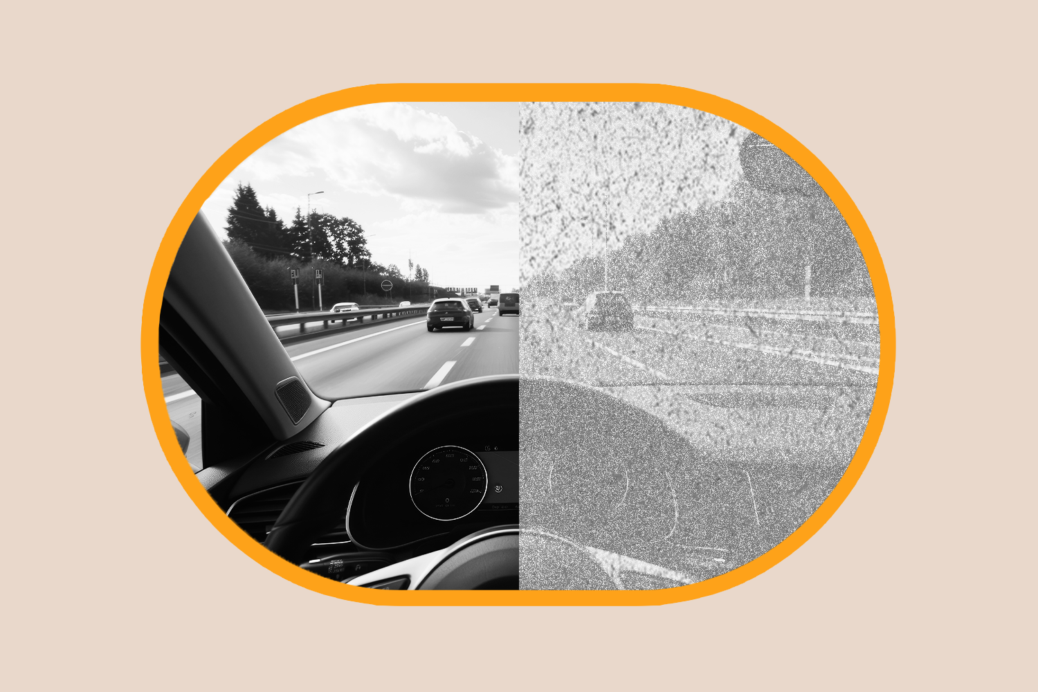 Closeup of a person’s windshield looking out onto a highway with the left half of the vision normal and the right side displaying Visual Snow Syndrome