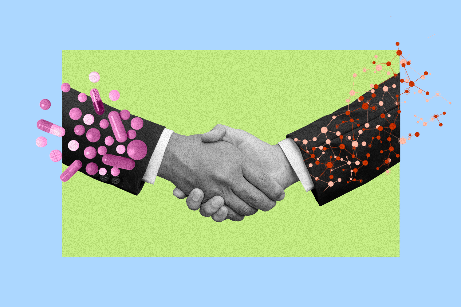 Two businessmen's arms shaking hands with pharma pills covering one hand and biotech graphics covering the other
