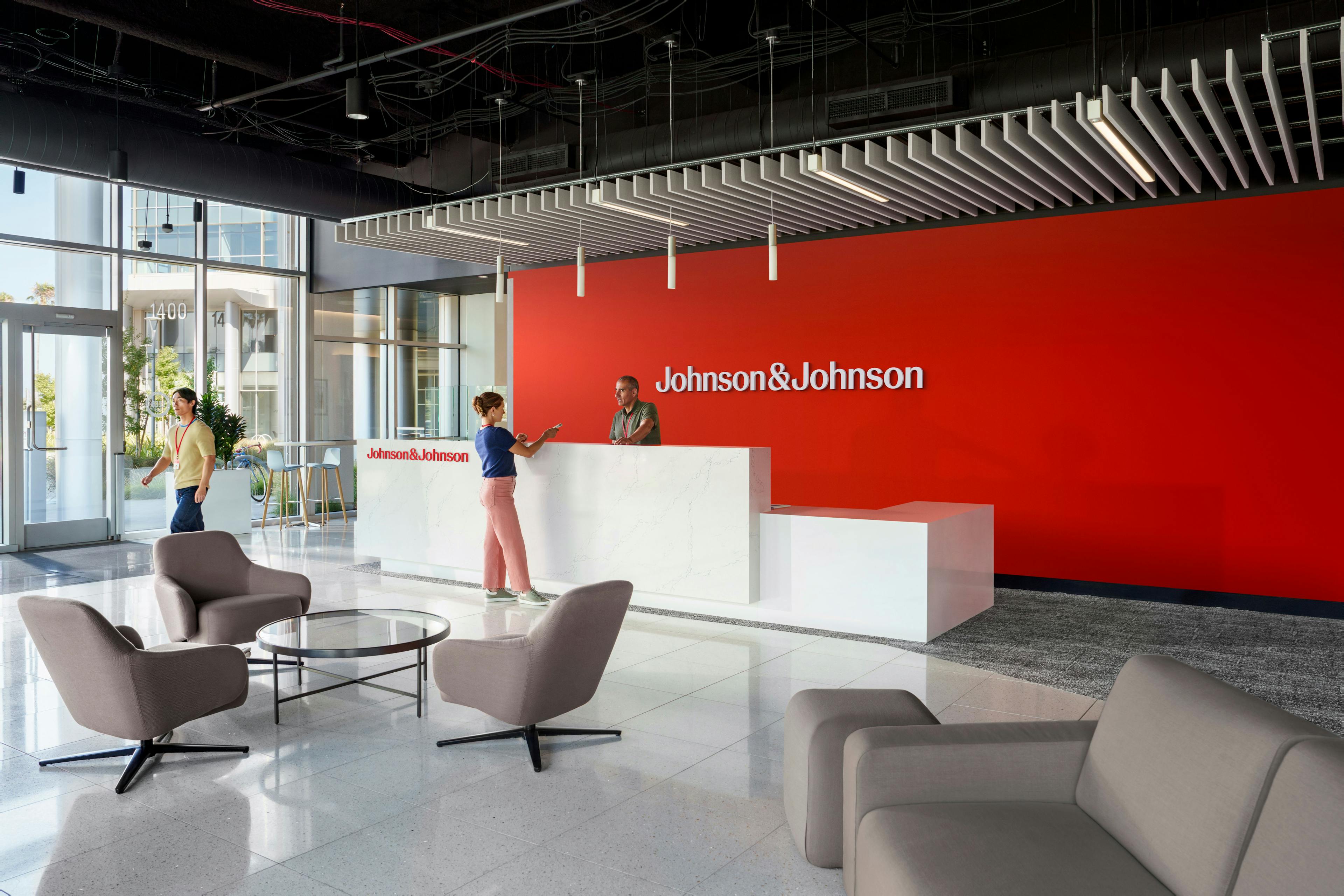 The new Johnson and Johnson logo in a lobby.