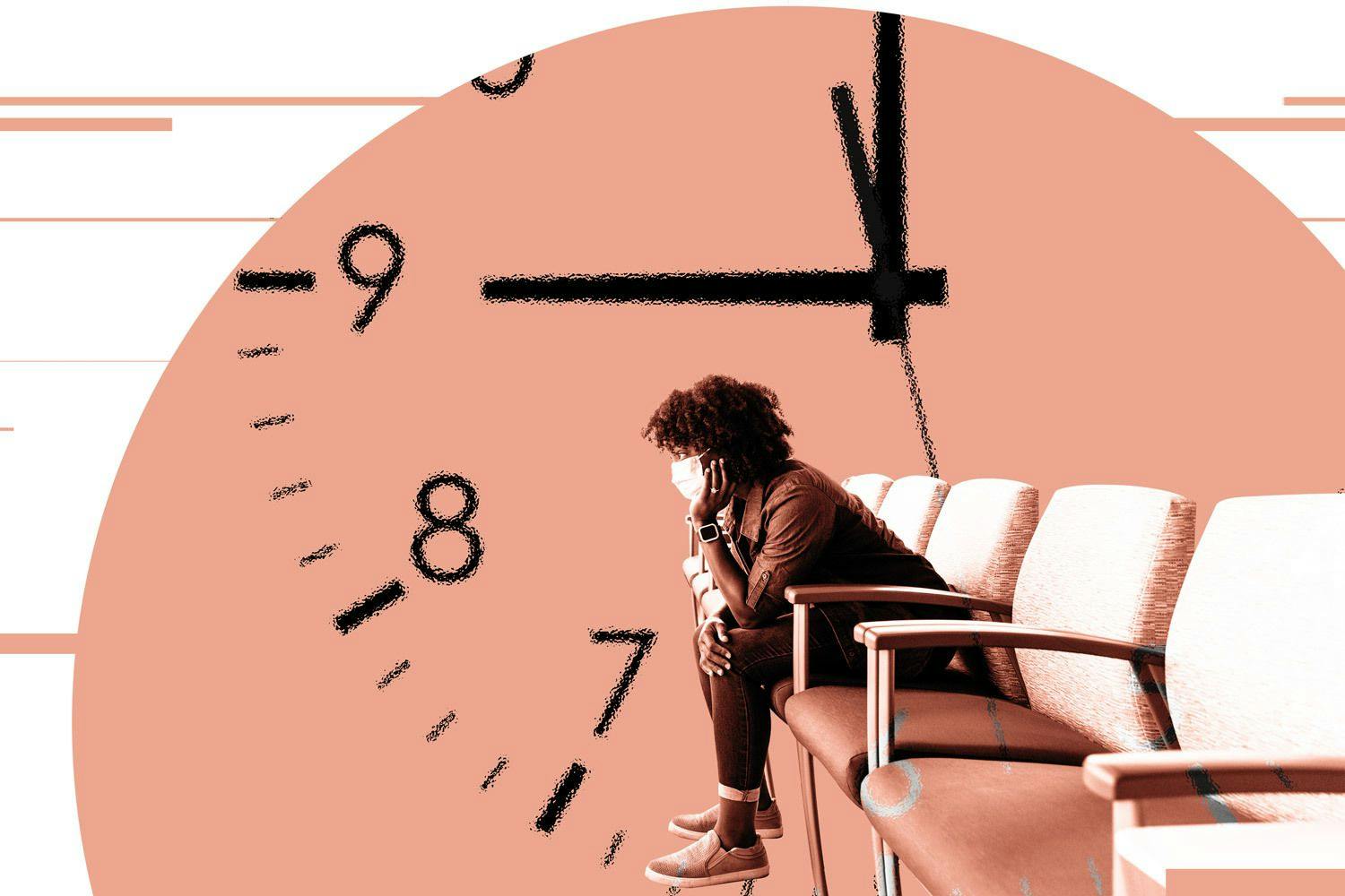 A photo of a Black female patient in a waiting room with a graphic of a clock behind them.