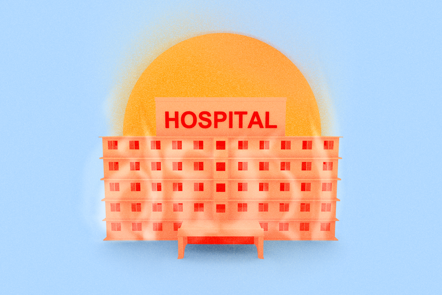 A hospital in flames with the sun in the background emitting rays on a light blue backdrop