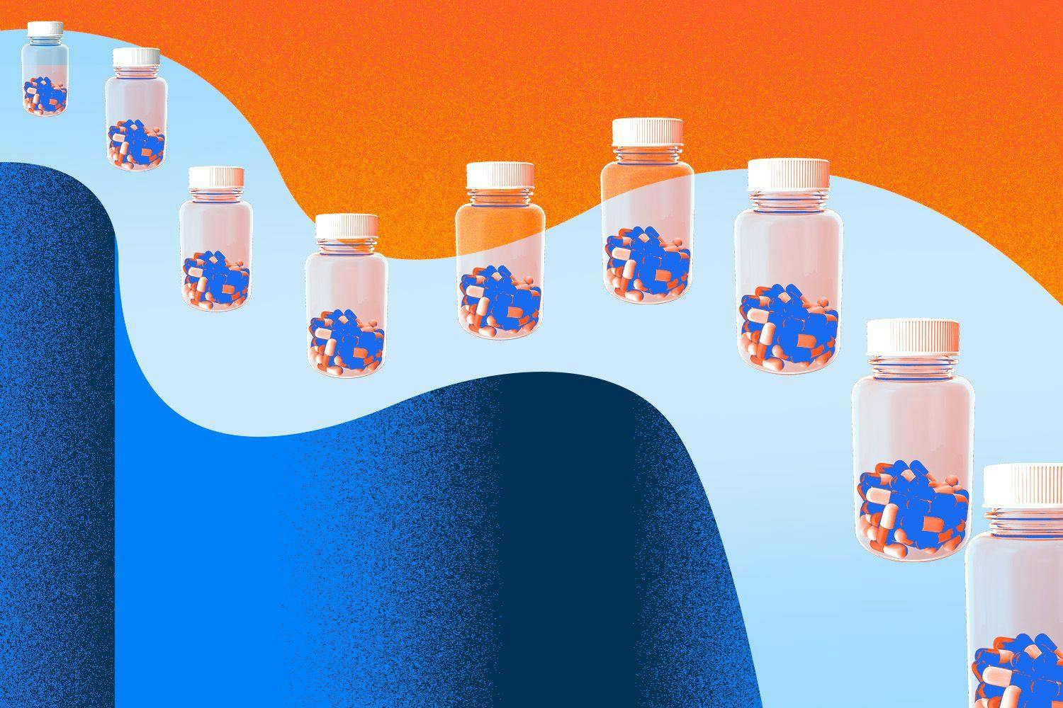 Bottles with blue and orange pills behind a swirly background.