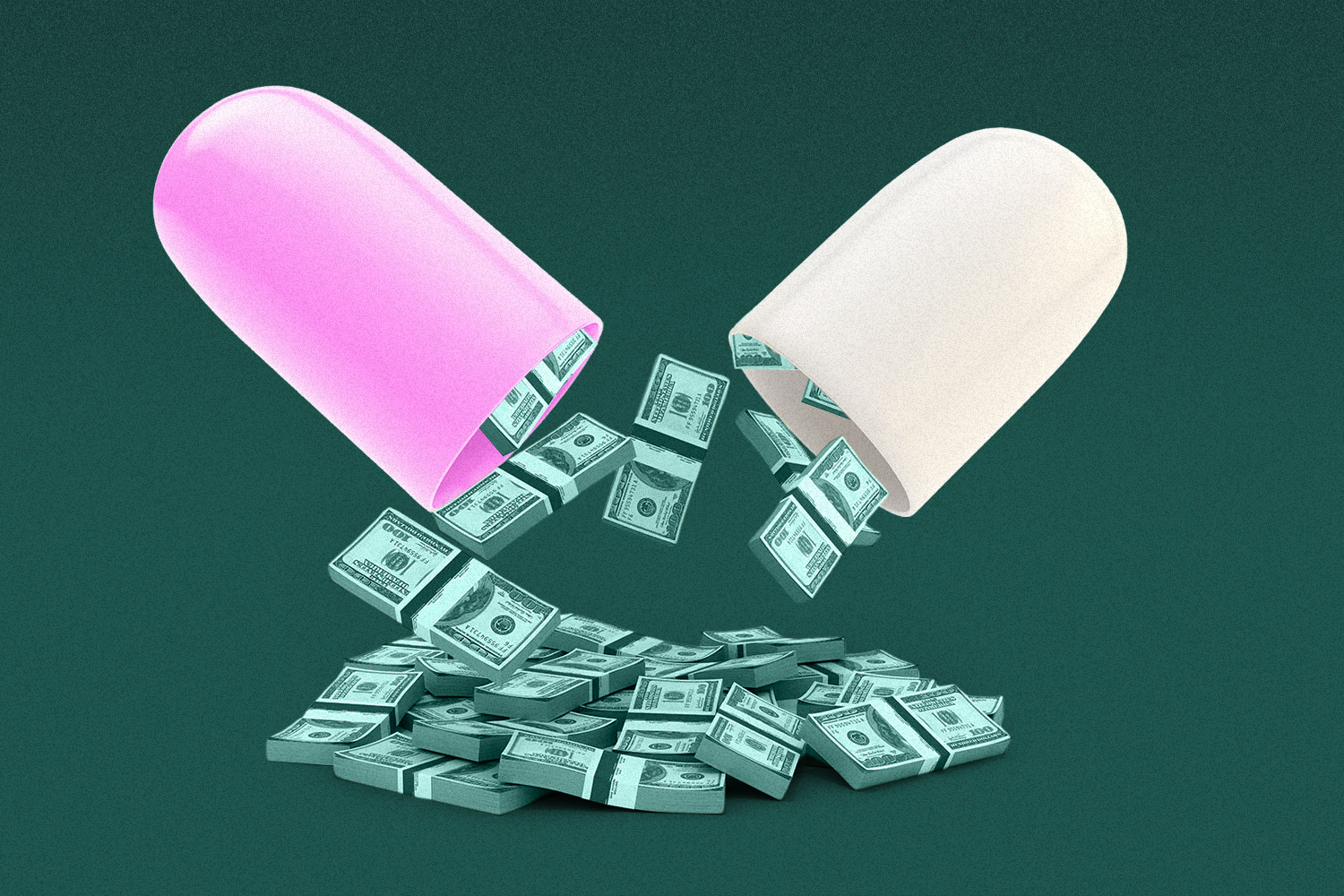 A pharmaceutical drug pill split open with stacks of cash spilling out of it