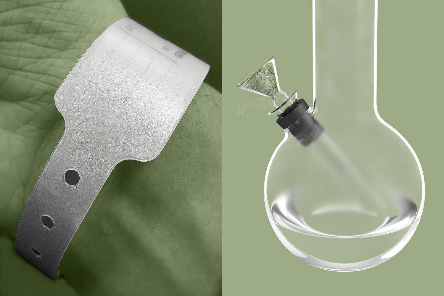An illustration of a medical bracelet next to a bong, all shaded in light green