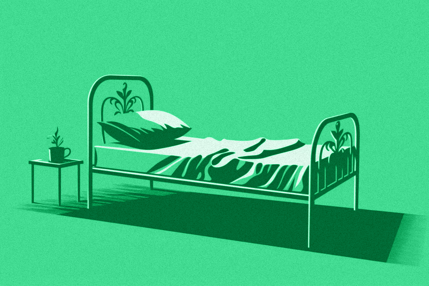 A psychiatric bed next to a bedside table with a plant on it isolated on a green background
