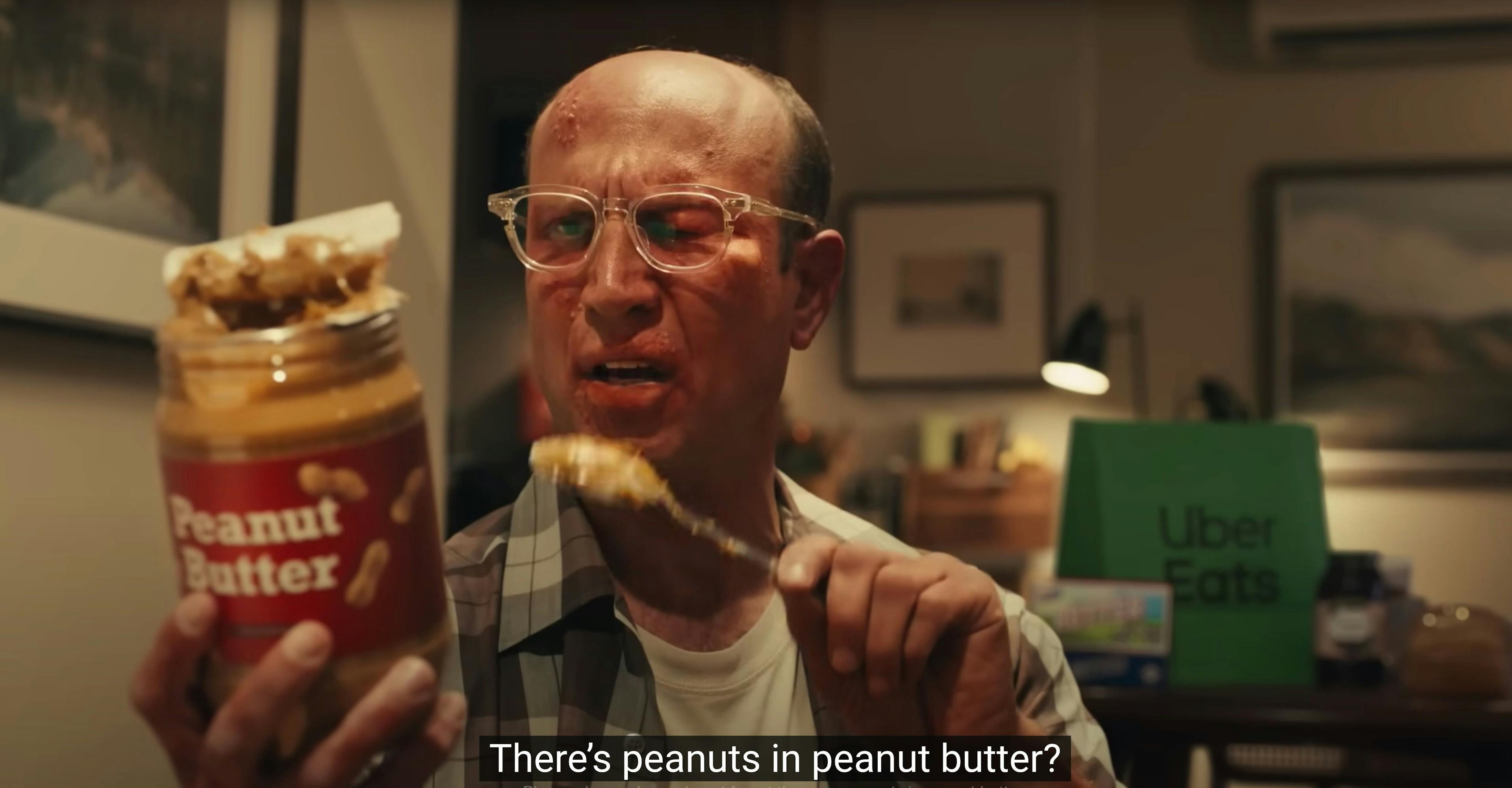 A man has an allergic reaction to eating peanut butter in a segment of a commercial Uber Eats removed before it aired on the Super Bowl. 