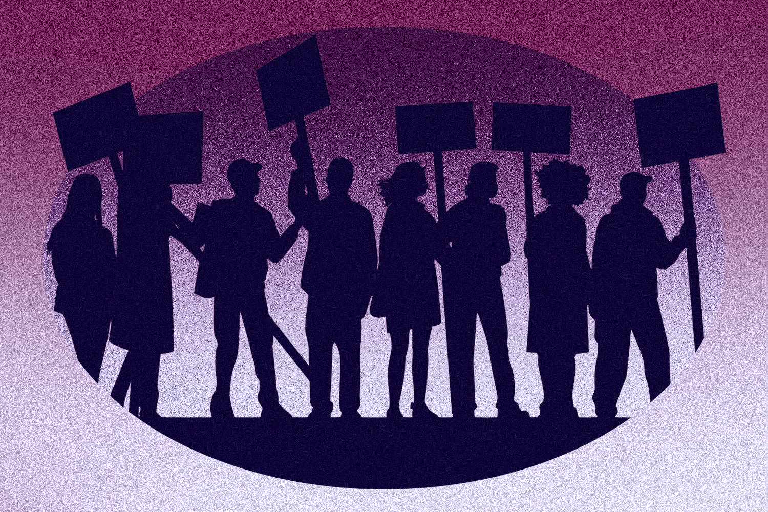 Silhouette of many people standing on a picket line holding up signs on a purple gradient background